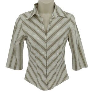 Y2K Heart Moon Star Junior Small Beige Chevron Stripe Collared Shirt Top Blouse